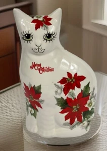 Statuina gatto Buon Natale arte popolare smaltata ceramica bianca vintage dipinta a mano firmata - Foto 1 di 14