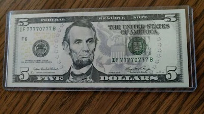 Fancy Serial Number  $5 Dollar Bill Series 2006 IF 77770777 B Uncirculated. - Image 1 of 4