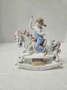 1991 Vintage Porcelain Paul Sebastian Figurine Girl in Overalls on Rocking Horse - Picture 1 of 8