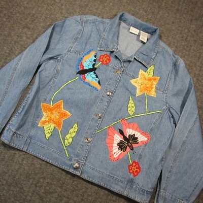 Chaqueta Ciervo Blanca XL Azul Denim Bordada Mariposa Floral Maestro Primavera Foto 1 de 4