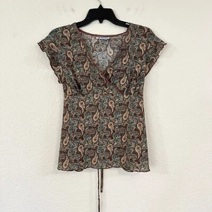 Self Esteem Womens Y2K Paisley Babydoll Top Size 1X Fairy Grunge 90s Brown Tie - Picture 1 of 8