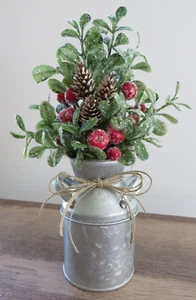 Christmas Floral Arrangement in Small Metal Milk Can - Holiday Home Decor #499 - Picture 1 of 6