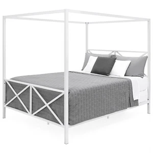 Quality Queen size Modern Canopy Bed Frame in White Metal Finish FREE SHIPPING - Picture 1 of 3