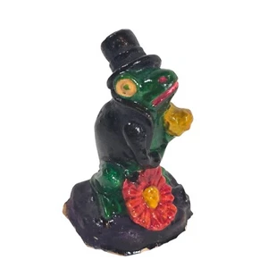 Bullfrog Figurine Dapper Tuxedo Frog Top Hat Flowers Vintage Halloween Folk Art - Picture 1 of 8