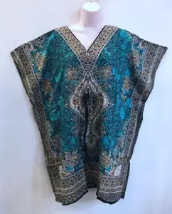 Top caftano dashiki con coulisse hippie boho festival fili sacri verde acqua - Foto 1 di 2