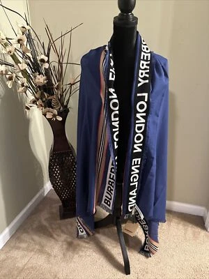 Burberry Ribbon Denim Blue England Heritage Stripe Cotton Wrap Scarf $470+tax - Image 1 of 4