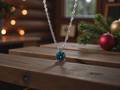 14 Кт. Ожерелье из белого золота с подвеской-солитером с синим бриллиантом размер 16 дюймов (2,43 г) - Изображение 1 из 4