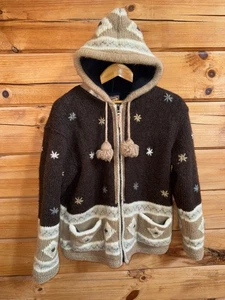 Kyber 100% Wool Outerwear Sweater Jacket - Size L - Brown Hooded Lined - Nepal - Picture 1 of 18