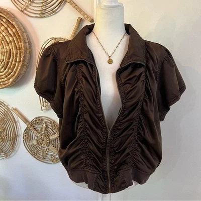 Ashley Stewart Y2K Brown Silk Bomber Top Romantic Fall Soft Grunge Layering 18 - Image 1 of 4