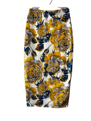 Floral Yellow Blue Midi Pencil Skirt Medium Sexy Rose Print Joe & Elle Stretch - Image 1 of 4