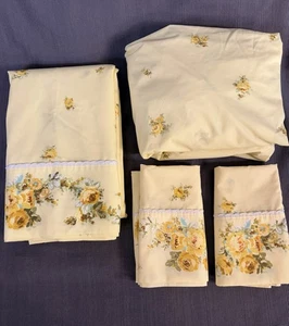 Vtg Sears Queen Perma Prest Percale Sheet Set Pretty Yellow Floral Roses - Picture 1 of 4