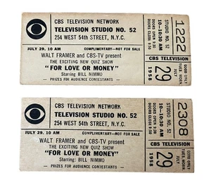 Vintage 1958 For Love or Money CBS Television Studio New York City Ticket Lot 2 - Bild 1 von 2