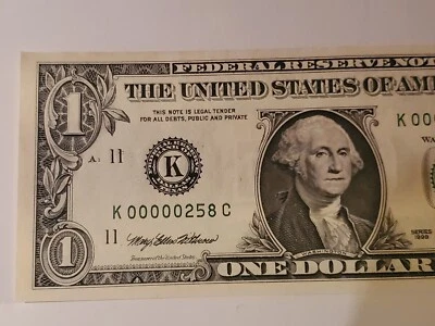 1999 $ 1.00 Very Low Number Federal Reserve Note  K 00000258 C  💥RARE💥 - Image 1 of 4