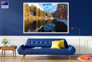 (Laminated) Snow Covered Pine Tree Forest Near Lake Photograph 91x61cm - Picture 1 of 6