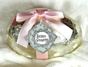 Large Foiled Faux Chocolate Egg Sugar Egg Yellow wth Pink Bow & Polka Dots 5.25" - Picture 1 of 4