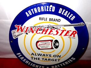 VINTAGE 11 3/4 WINCHESTER ADVERTISING SIGN HEAVY METAL PORCELAIN UNIQUE # 927 - Picture 1 of 4