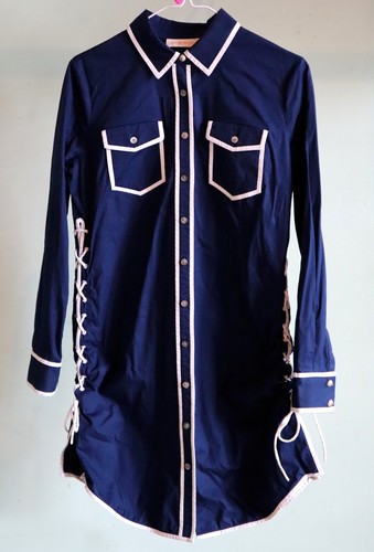 Abito camicia donna tg 4 TORY BURCH Nora blu navy bianco orlo lacci lati