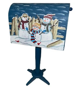 Christmas Wooden Mailbox w/ pedestal snowmen 13.5 X 8.5  #1 - Picture 1 of 10