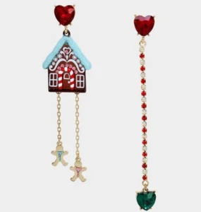 Betsey Johnson Jingle Bell Bling Gingerbread House Girl Boy Earrings Mismatch - Picture 1 of 16