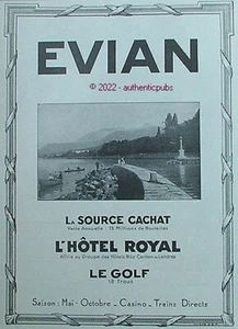 PUBLICITE EVIAN HOTEL ROYAL LE GOLF RITZ CARLTON SOURCE CACHAT DE 1927 FRENCH AD - Imagen 1 de 1