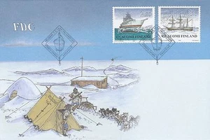 Finlandia 1998 FDC - Polo Norte Nieve - Barcos Aranda y Wega - Perros Husky Siberianos - Imagen 1 de 2