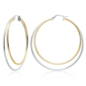 Sterling Silver Two-Tone Double Row Large 48mm Round Hoop Earrings - Picture 1 of 4