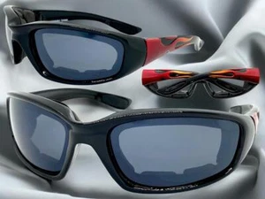Men's MOTORCYCLE BIKER Riding PADDED SUNGLASSES Black Frame Red Flames Dark Lens - Picture 1 of 8