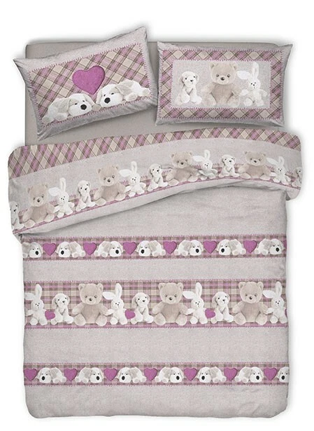 Parure copripiumino singolo matrimoniale orsetti cani coniglietto pupazzi rosa - Immagine 1 di 1