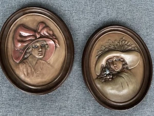 2 GILLILAND Vintage DUNCAN CERAMICS Ladies Puppy Wall Art Plaques Boudoir - Picture 1 of 10