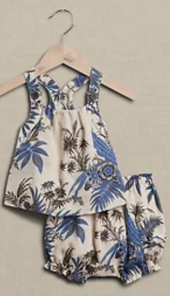 Banana Republic Bebé Nuevo con Etiquetas Top de Lino y Pantalones Cortos Burbujeados Azul Floral 0-3 Meses. $95 Foto 1 de 2