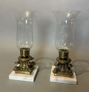 Pair of Vintage Brass & Marble Candelabra Hurricane Lamps Figural Dolphin Bases - Picture 1 of 8