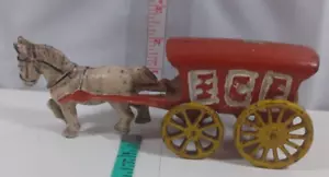 VINTAGE HEAVY CAST IRON HORSE DRAWN CARRIAGE ICE DELIVERY WAGON yellow wheels - Picture 1 of 3