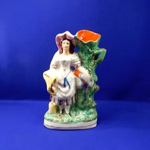 Antique Staffordshire Flat Back Spill Vase Girl with Rabbit in Basket Figurine - Picture 1 of 9
