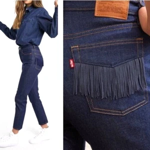 Levis Premium Womens Wedgie Straight Fringe Western 25 High Waist Crop Jeans - Picture 1 of 12