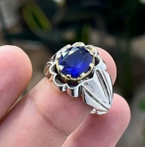 Anello uomo zaffiro naturale, anello grande pietra zaffiro blu, argento 925 neelam - Foto 1 di 5