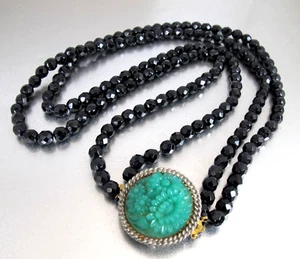 Art Deco Two Strand French Jet Beaded Necklace Molded Green Peking Glass Clasp - Picture 1 of 9