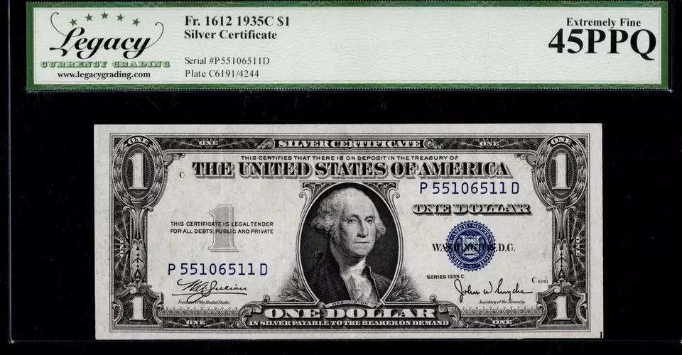 $1 1935-C Silver Certificate Fr. 1612 Julian-Snyder P-D Block LCGS EF 45PPQ - Image 1 of 1