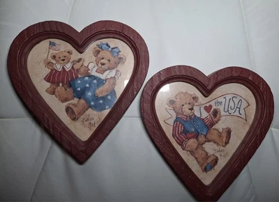Vintage 2 Pc Lot Home Interiors Teddy Bear Red Heart Pictures Americana  - Image 1 of 4