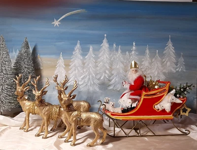 Weihnachten Rentiergespann Schlitten Weihnachtsmann Nikolaus 1:12 Handarbeit   - Bild 1 von 4