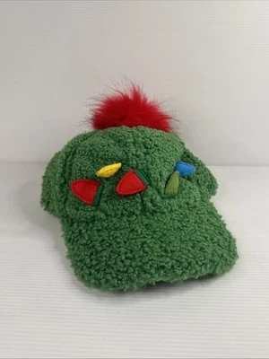 Vintage Christmas Baseball Cap Sherpa Unisex Green Faux Lights Adjustable X-mas - Image 1 of 4