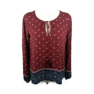 Abercrombie BoHo Shirt Small Red Blue Tied Keyhole Long Elastic Sleeves Flowy - Picture 1 of 13