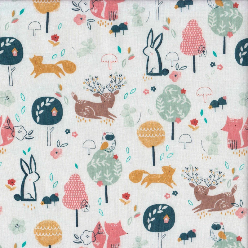 NEW Forest Friends Fox Deer Rabbit on White Summer Breeze Quilting Fabric 1/2 Me - image 1 of 1