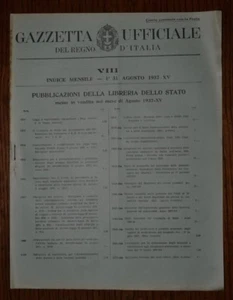 GAZZETTA UFFICIALE, INDICE MENSILE AGOSTO 1937 / ANNO XV (GA4) - Foto 1 di 1