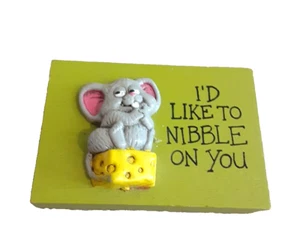 Vintage Adult Humor Wooden Wall Hang "I'd Like To Nibble On You" Mouse On Cheese - Picture 1 of 2