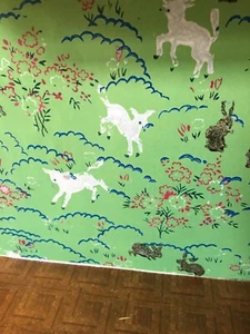 Reproduction dolls house wallpaper - Lambs & Rabbits Green - Picture 1 of 1