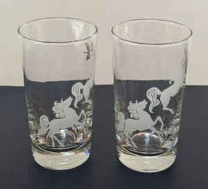 Vintage LIBBEY Prancing Colts Einhorn Pferd Glas Tasse klar Blattgold 2er Set - Bild 1 von 10