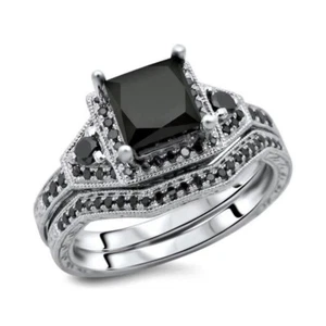 3Ct Princess Cut Black Diamond Lab-Created Wedding Set Ring14K White Gold Plated - Picture 1 of 9