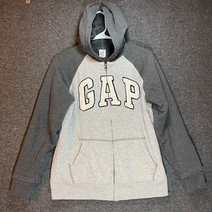 GAP Sweatshirt Kids XXL 14-16 Gray White Spell Out Logo Hoodie Full Zip Up Boys - Picture 1 of 12