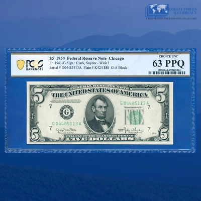 Fr.1961-G 1950 $5 Federal Reserve Note Chicago, PCGS CU 63 PPQ #85113 - Image 1 of 3