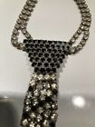 Vtg 1950s RARE crystal rhinestone black/clear lavalier tassel tie necklace